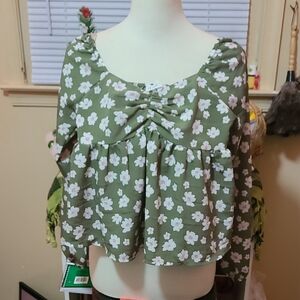Floral Green Blouse with White Accents